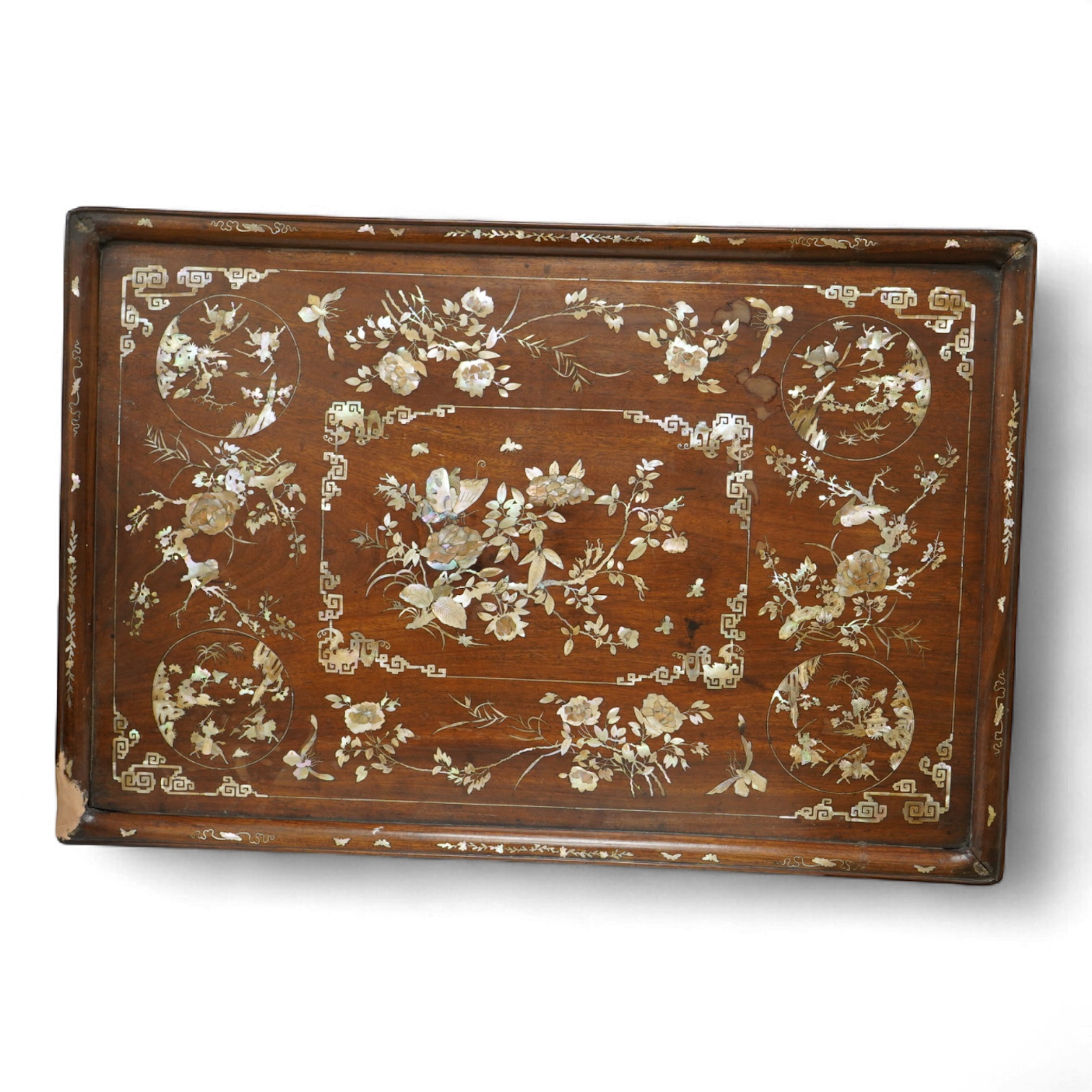 A Chinese hongmu and mother of pearl inlaid tray, 70cm wide x 48cm deep